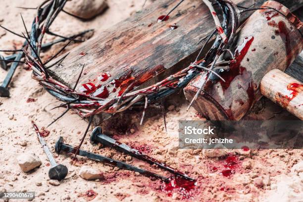 Good Friday Passion Of Jesus Christ Crown Of Thorns Hammer Bloody Nails On Ground Christian Easter Holiday Top View Copy Space Crucifixion Resurrection Of Jesus Christ Gospel Salvation Stock Photo - Download Image Now