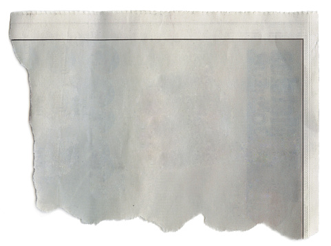 Blank torn newspaper clipping, isolated on white background.