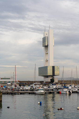 La Coruna, Galicia / Spain - 26 November 2020: view of the maritime rescue tower in the port of La Coruna in Spain