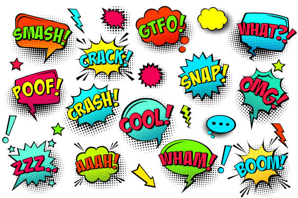Comic colored speech bubbles with halftone shadow and text phrase. Sound expression of emotion. Hand drawn retro cartoon stickers. Pop art style. Vector illustration Comic colored speech bubbles with halftone shadow and text phrase. Sound expression of emotion. Hand drawn retro cartoon stickers. Pop art style. Vector illustration angry clouds stock illustrations