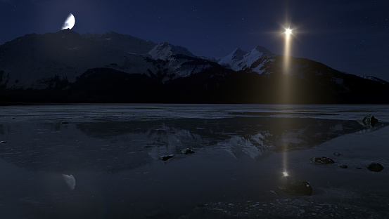 Composite of the Christmas star conjuction of Saturn and Jupiter in Alaska with a partial moon.