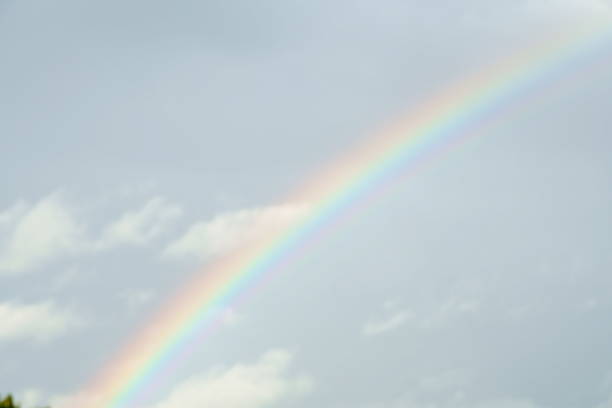 istock Delicate summer rainbow on the blue sky after the rain. 1290427182