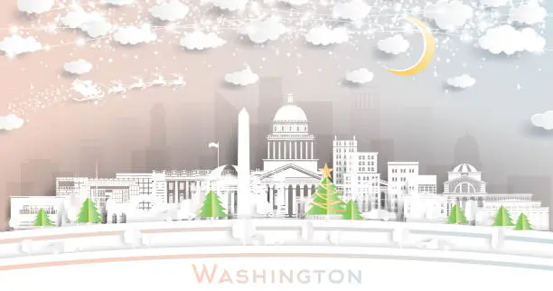 Vector illustration of Washington DC USA City Skyline in Paper Cut Style with Snowflakes, Moon and Neon Garland.