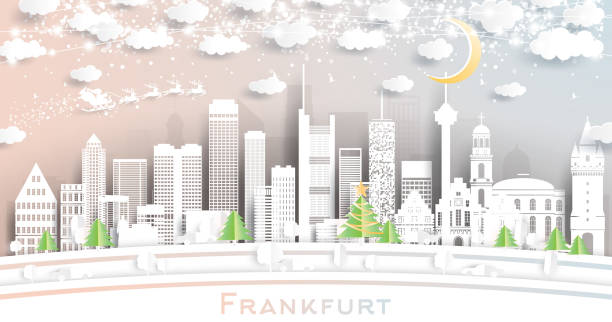 frankfurt deutschland stadt skyline in papier geschnitten stil mit schneeflocken, mond und neon girlande. - frankfurt stock-grafiken, -clipart, -cartoons und -symbole