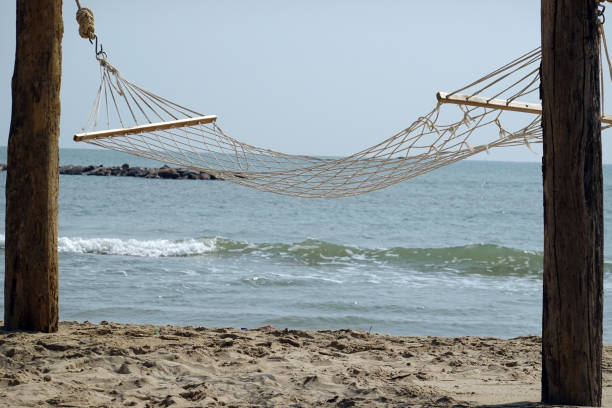 istock Hammock or White Crib net seat on the beach  for relaxing and sleeping in summer season. 1290438325