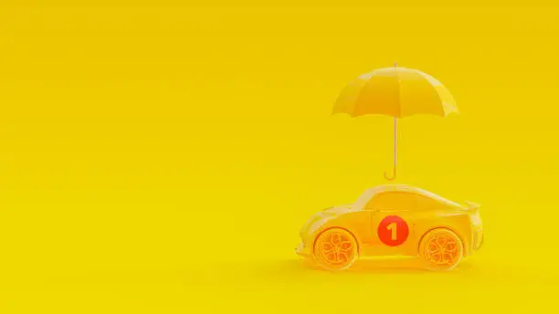 Yellow car with red number one on the side of the car and protected by an umbrella. yellow background. Minimal and safety assurance concept, 3D Render.