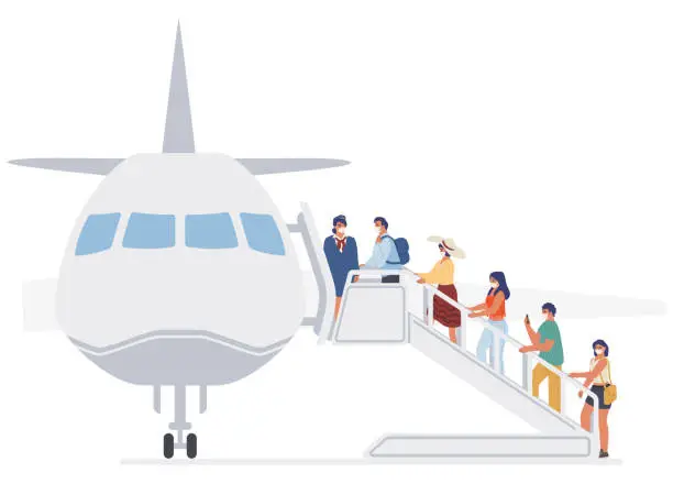 Vector illustration of Passengers, stewardess wearing face masks during boarding procedure, flat vector illustration. New normal of air travel.