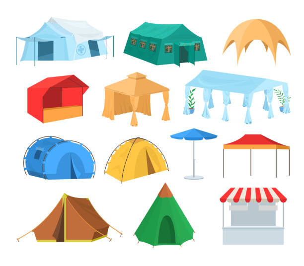 Different types of tents, flat vector illustration. Tourist, market store, cafe, festival event, shelter, medical tents. Different types of tents, flat vector isolated illustration. Tourist hiking and camping tents, market store, cafe, restaurant, festival event pavilion, temporary shelter, emergency medical tent. entertainment tent illustrations stock illustrations