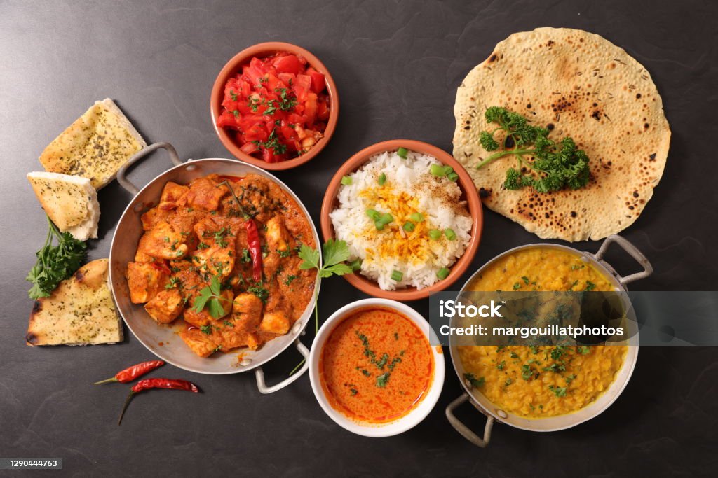 assorted of indian dish with curry dish, naan,  chicken Tandoori Stock Photo