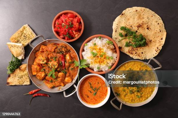 Assorted Of Indian Dish With Curry Dish Naan Chicken Stock Photo - Download Image Now
