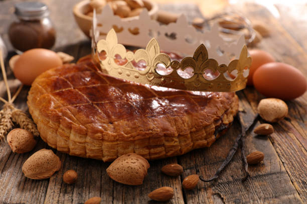 galette des rois- epiphany cake and crown galette des rois- epiphany cake and crown galette stock pictures, royalty-free photos & images