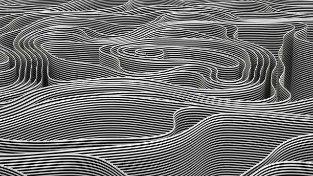 3d rendering of abstract wavy spiral background black and white striped.