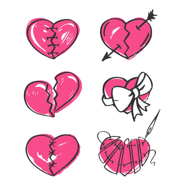 разбитое сердце установлено на белом фоне. нарисованная от руки векторная иллюстрация. - bandage heart shape pain love stock illustrations