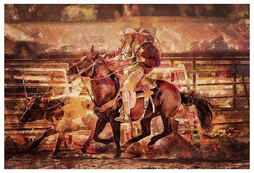 Cowboy and cowgirl Team roping rodeo action - digital photo manipulation