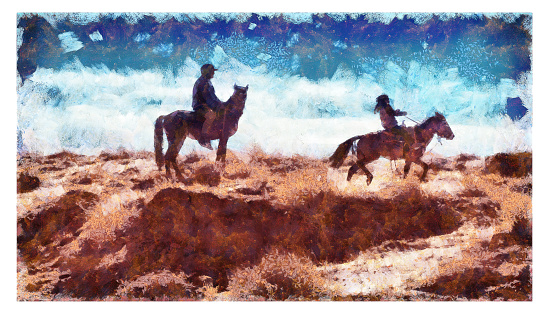 Two Navajo brothers on horses in Monument Valley Arizona USA