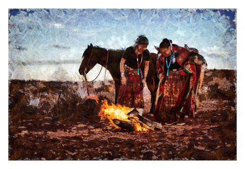 Navajo sisters around campfire on the Arizona desert - digital art