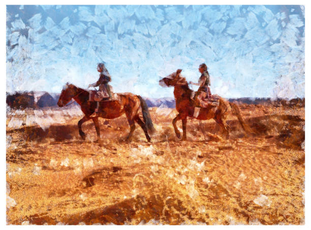 Two Navajo sisters on horses in Monument Valley Arizona USA Two Navajo sisters on horses in Monument Valley Arizona USA mustang wild horse photos stock pictures, royalty-free photos & images