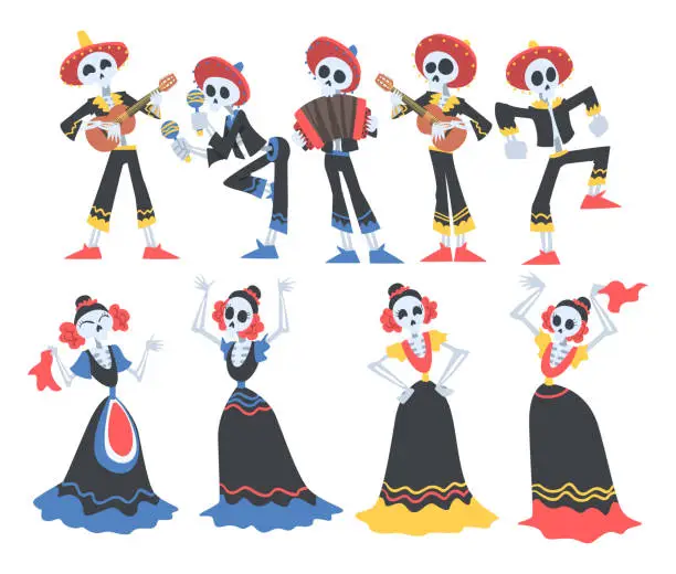 Vector illustration of Skeletons in Mexican Traditional Costumes Dancing and Playing Music Instruments Set, Dia de Muertos, Day of the Dead Cartoon Style Vector Illustration