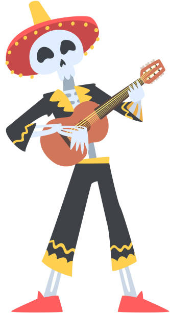 istock Man Skeleton in Mexican Traditional Costume and Sombrero Hat Playing Guitar and Dancing, Dia de Muertos Cartoon Style Vector Illustration 1290448258