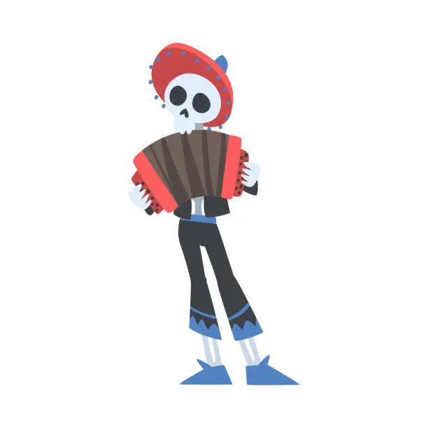 Vector illustration of Man Skeleton in Mexican Traditional Costume and Sombrero Hat Playing Accordion, Dia de Muertos, Day of the Dead Cartoon Style Vector Illustration