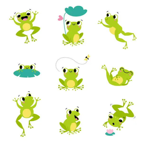 Vector illustration of Cute Green Frog Smiling, Jumping, and Croaking Vector Set
