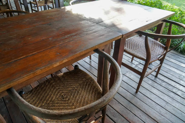 istock close up wooden dining table and chair at garden in restaurant 1290448607