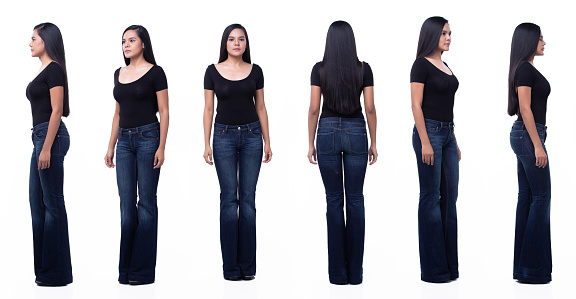 Collage Group Full length of 20s Asian Woman long black hair t-shirt jean pant and shoes. Female stands and turns 360 around rear side back view over white Background isolated
