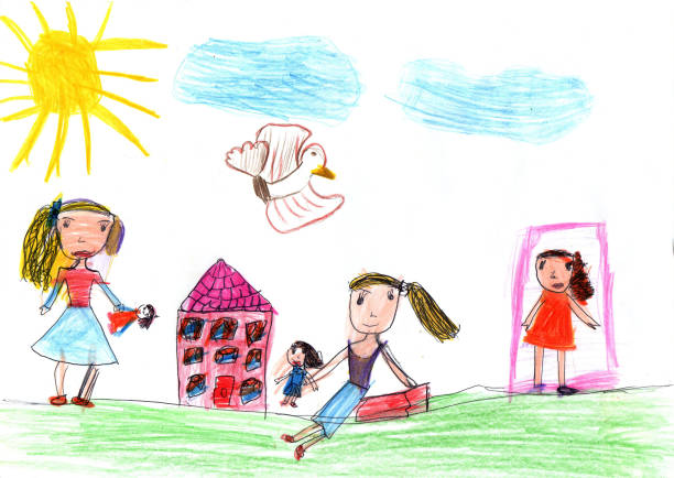 ilustrações de stock, clip art, desenhos animados e ícones de child drawing of a happy kids on a walk outdoors - drawing child childs drawing family