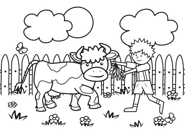 Boy and cow, coloring book, eps. boy and cow on pasture, vector illustration, coloring book for children, black and white farm cartoon animal child stock illustrations