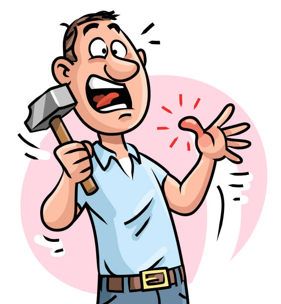 ilustrações, clipart, desenhos animados e ícones de homem batendo o dedo com um martelo - home improvement work tool hammer portrait