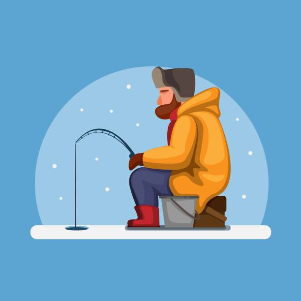 만화 일러스트 벡터의 겨울 시즌 컨셉에서 얼어붙은 강에서 낚시를 하는 남자 아이스 낚시 - ice fishing stock illustrations