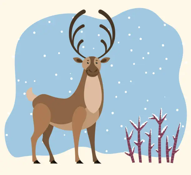 Vector illustration of Reindeer Stand in Winter Forest, Hart Antlers