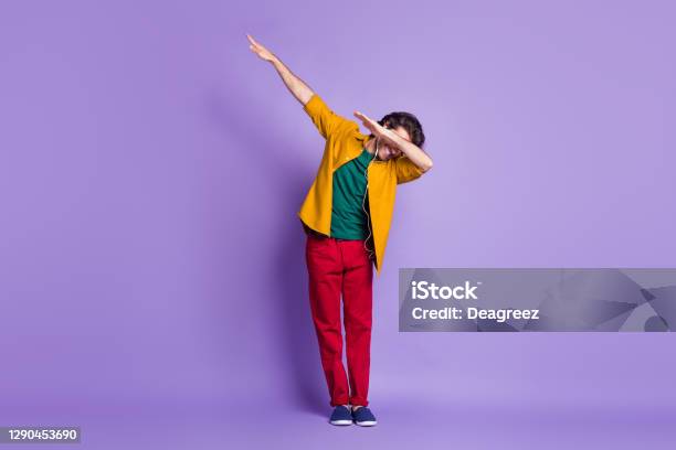 Photo Portrait Full Body View Of Guy Dabbing Isolated On Vivid Purple Colored Background Stock Photo - Download Image Now
