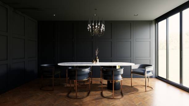 modern office interior design with black wall, wooden floor and window 3d render