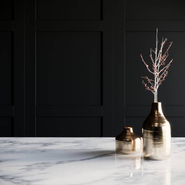 istock vase with flowers on marble table and black wall on background. 3d render 1290457389