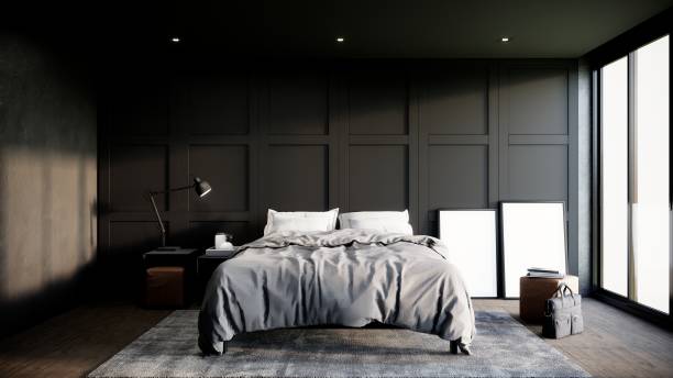 istock black modern bedroom interior design with furniture. 1290457430