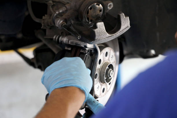 istock Brake pad replacement in car service 1290457994