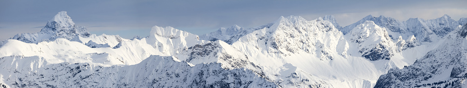 Fantastic Winter Panoramic View of snow covered Mountains Hochvogel, Hofats, Krottenkopf in Allgau Alps, Bavaria, Germany.