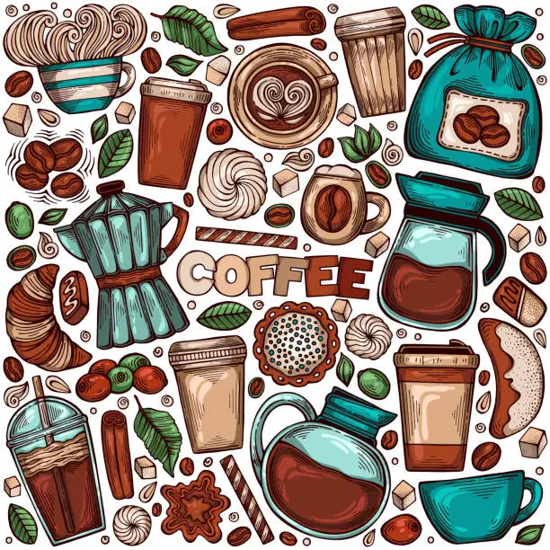 Vector illustration of Colorful hand drawn set of objects on the theme of coffee time