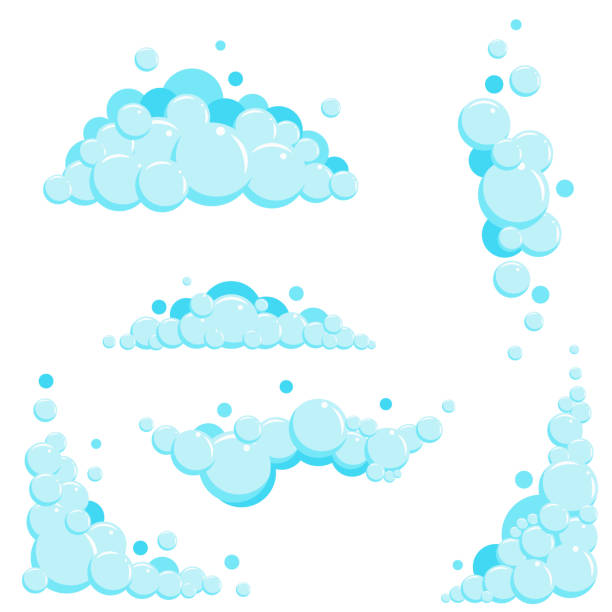 ilustraciones, imágenes clip art, dibujos animados e iconos de stock de juego de espuma de jabón de dibujos animados con burbujas. azul claro suds de baño, champú, afeitado, mousse. ilustración vectorial - soap sud illustrations