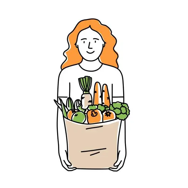 Vector illustration of Girl holding a paper bag with groceries.