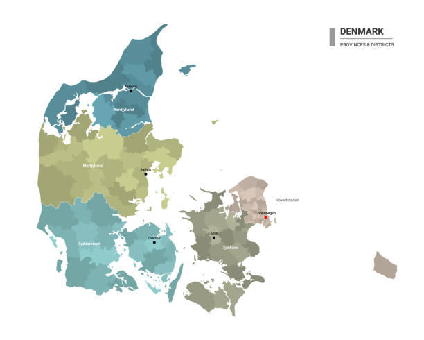 Denmark higt detailed map with subdivisions. Administrative map of Denmark with districts and cities name, colored by states and administrative districts. Vector illustration. Denmark higt detailed map with subdivisions. Administrative map of Denmark with districts and cities name, colored by states and administrative districts. Vector illustration. map of aalborg denmark stock illustrations