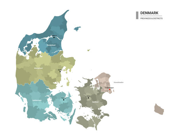 Denmark higt detailed map with subdivisions. Administrative map of Denmark with districts and cities name, colored by states and administrative districts. Vector illustration. Denmark higt detailed map with subdivisions. Administrative map of Denmark with districts and cities name, colored by states and administrative districts. Vector illustration. denmark stock illustrations