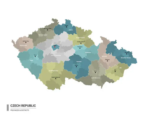 Vector illustration of Czech Republic higt detailed map with subdivisions. Administrative map of Czech Republic with districts and cities name, colored by states and administrative districts. Vector illustration.