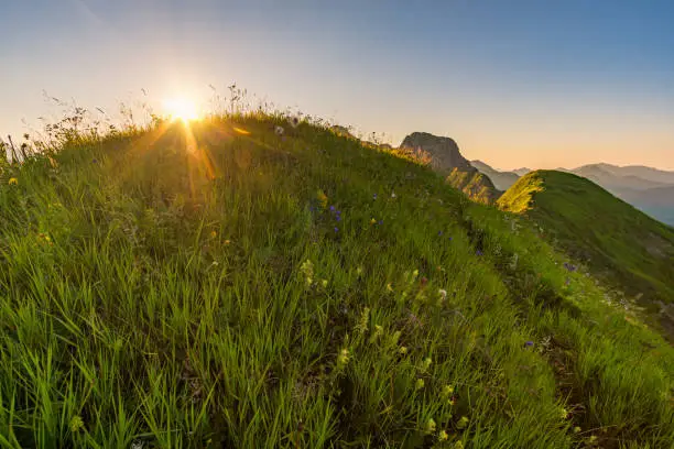 Fantastic sunset tour on the beautiful panoramic mountain Hoferspitze near Schrocken in the Allgau Alps, Kleinwalsertal