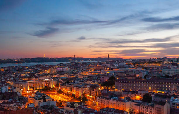 Lisbon night panoramic view, Portugal architecture cityscape