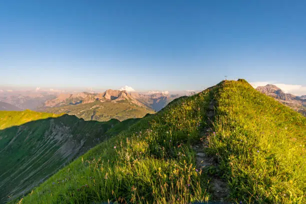 Fantastic sunset tour on the beautiful panoramic mountain Hoferspitze near Schrocken in the Allgau Alps, Kleinwalsertal