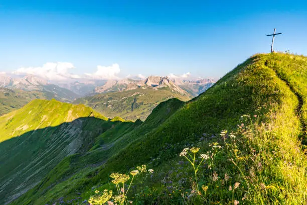 Fantastic sunset tour on the beautiful panoramic mountain Hoferspitze near Schrocken in the Allgau Alps, Kleinwalsertal