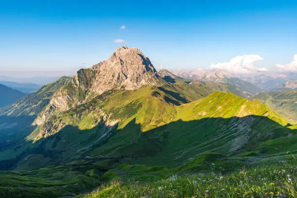 Fantastic sunset tour on the beautiful panoramic mountain Hoferspitze near Schrocken in the Allgau Alps, Kleinwalsertal