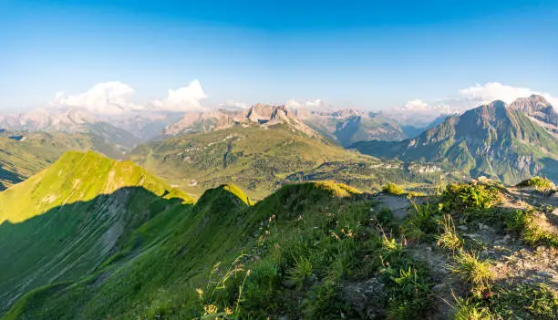 Fantastic sunset tour on the beautiful panoramic mountain Hoferspitze near Schrocken in the Allgau Alps, Kleinwalsertal